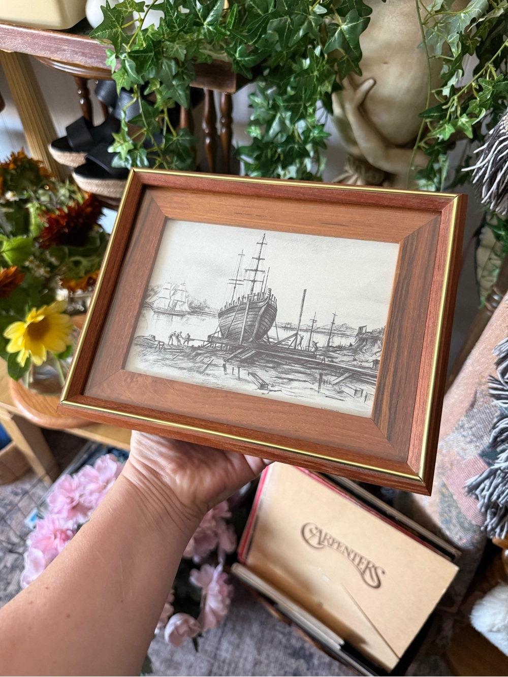 Wood Grain Framed Ship Sketch